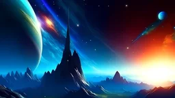 4k picture of the sky with a rocket flying towards a distant planet, stars, sky, vast, colorful, large planet,mountain, wallpaper, detailed, small details