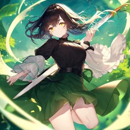 Clear focus, High resolution, Rough line, brown short hair with long locks fluffy, floating hair, glowing eyes, holding a sword, wearing a green leaf in her hair, wearing dark green skirt with a white line, wearing a red bow and a black sleevless shirt, cut frilled sleeve at top, sleeve have a ribbion at the end, wearing black fingerless gloves