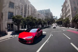 A Tesla 'Model S' is drifting at high speeds, on the streets of San Francisco. (CINEMATIC, WIDE ANGLE LENS, PHOTO REAL)