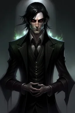 the dark butler, young elf with dark hair, dark clothes, shadow magic