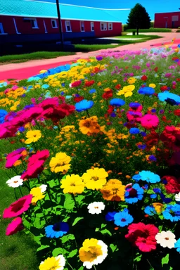The schoolyard is full of colorful flowers