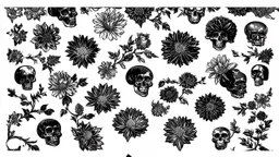 tracery of flowers and skulls, black and white, Maximum minimalism