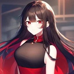 Clear focus,High resolution, black long hair, Vibrant red eyes, Emo style, Black skirt, wearing a black shirt sleeveless, wearing a red collar, Wearing black and red cutsleeves