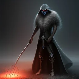 dark figure with scythe, full body, glowing eyes, grey mist, light rays, torch