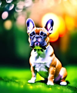 a detailed illustration of a french bulldog, phoenix bird wallpaper, luminescent body, full body, symmetrical body, realistic, glowing muscles, sharp focus, meticulously detailed, soft evening sky, 64k