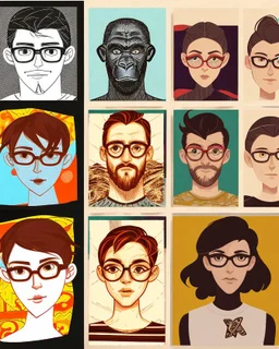 A collage-style image featuring a blend of artistic illustrations and designs. The top section displays framed artworks, including a sunset over a mountainous landscape and portraits of individuals with distinct styles, one wearing glasses. The middle section contains various sketches and symbols, while the bottom left shows a comic-style drawing of a gorilla's expressive face. The bottom right features a young woman with a unique hairstyle and accessories, sitting amid a green, plant-filled env