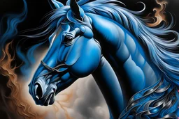 A close-up view of an airbrush painting depicting a horse, skillfully created by Ju Lian. This artwork, blending elements of fantasy, fractal, and metal art, captivates with its depiction of a horse enveloped in blue fire. The use of an airbrush technique adds a unique touch, allowing for intricate details that enhance the overall visual impact of this striking piece.