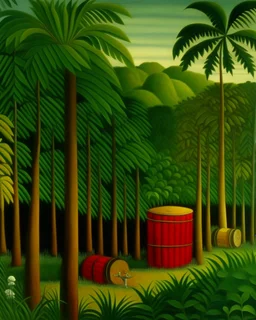 A green jungle with wooden barrels painted by Henri Rousseau