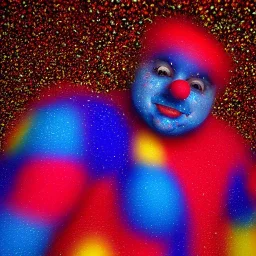 red, yellow, blue, primary colors, funny, goofy, abstract blob, circus, party, glitter, bokeh blur, guassian blur, tilt-shift, photograph, HD, 8k, hyper realistic, blender, 3d model, rendering, clown, bright lights