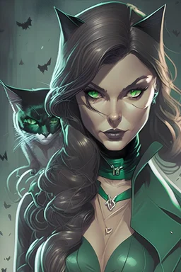 Dc marvel beautiful catwoman with green eyes and light long brown hair wearing a black suit stealing jewelleries with her cat comic anime 2d drawing style