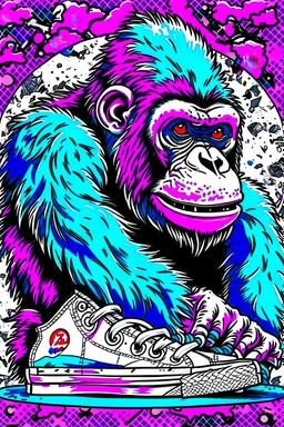 a profile picture of a small gorilla sitting in a purple Converse sneaker, like it's a car, comic style