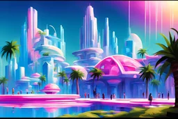 a futuristic city . The buildings are verry small with sweet cristal shapes, a lot of flowers and palm trees, and a lot of big trees and pink flowers, a lot of fountainsand bridges, in bright colors, luminous and realistic painting, a lot of raafined and precious details, colors