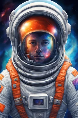 Illustre moi un astronaute dans l'espace. On doit voir son visage à travers son casque. On doit le voir en plan centrale de plein pieds dans l'espace.. Le thème des couleurs doit rester dans les codes couleurs de l'espace. Fait un style réaliste.