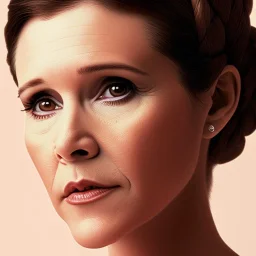 half-length portrait, three-quarter face pose of carrie fisher as Princess Leia with photo realistic fine and very simple short hair, entrancing deep brown eyes, eos5d mark 4, ef 85mm 5.6, Intricate, High Detail, Sharp focus, realism, beautiful and detailed lighting, by Annie Leibovitz