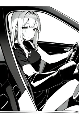 blonde young girl inside car, greyscale