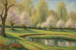 amazing sunny spring day, trees, flowers, fence, little pond, camille pissarro impressionism painting