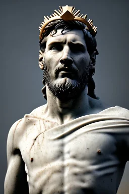 Ultra Realistic image, Roman sculpture, white marble material, Lionel Messi, gold crown of natural thorns, god crown, Renaissance style, sun rays background, waist up portrait, epic, celestial, cinematic lighting, God lights, 4k resolution, smooth details, soft lighting, unreal engine 5, art station, substance 3d.