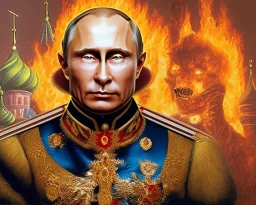 evil Russia president Vladimir Putin is satan with fangs , Moscow in fire