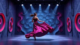 modern stage with gray-blue theme artistic decoration , color full dynamic lighting, a beautiful lady in modern maxy dark purple red dress with shining silver jwells dancing, 3D recursive fractal structure animating background