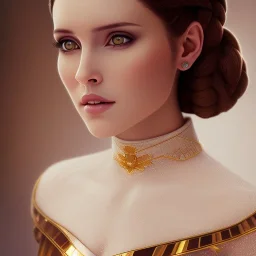 stunning half-body portrait photo of princess leia from Star Wars, hazel iris, wlop, artgerm, akihiko yoshida, and liang xing, detailed face, doe eyes, intricate braided hair style, symmetrical eyes, trending on artstation, highly detailed, white dress, dynamic pose, intricate outfit, space ship and galaxy background