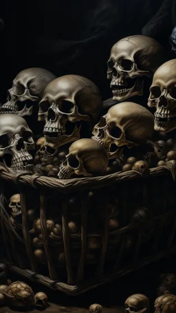 Bosch nightmares paining style Title:a basket in it a human skulls , 8k artistic photography, photorealistic concept art, soft natural volumetric cinematic perfect light, chiaroscuro, award-winning photograph, masterpiece, oil on canvas, Raphael, Caravaggio, Greg Rutkowski, people, beksinski, Giger