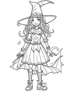 outline art for halloween coloring pages for kids with witch , white background, Sketch style, full body, only use outline, clean line art, white background, no shadows and clear and well outlined, coloring page for kids,