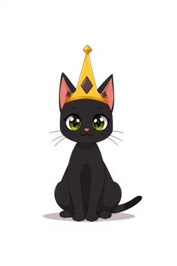 thin black cat on white background, sitting proud smile, wearing a tall and narrow golden crown, large eyes, anime