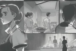 black and white storyboard, wide, on the Foreground there is a man and a girl in profile close to the camera, we see just part of their bodies passing by, and in the background, 3 chefs, scattered throughout the kitchen cooking, frying, cutting