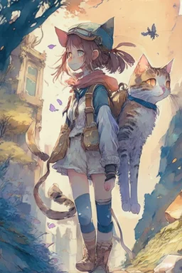 a girl and cat on a adventure, 4k, full detail, high resolution, digitalart, anime, watercolor