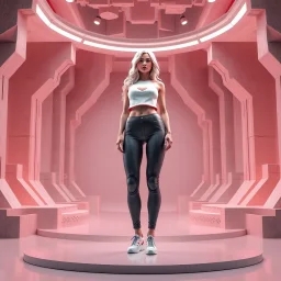 picture of lady with a top and cifi pants stye design posing in a 3d recursive structures stage