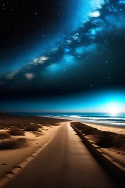 a road that leads to a beautiful opened beach with a galaxy star