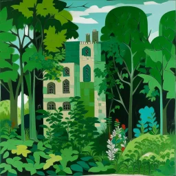 A green castle covered in leafy foliage painted by Stuart Davis