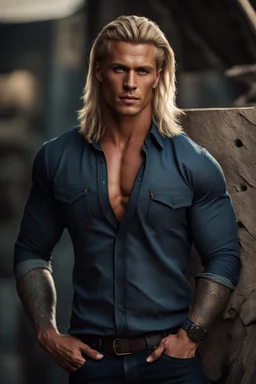 stunningly handsome viking, muscular, long blonde hair, male age 30, wearing jeans and a smart shirt, tan skin, tattoos,photorealistic 4k