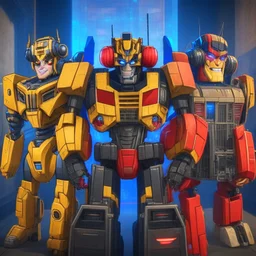 Optimus prime, bumblebee and ratchet at the radio station podcast show, ultra definition 4k sitcom style tv show.