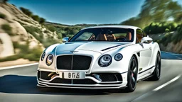 A sleek white shiny (((Bentley Porsche))), its contours and details perfectly captured in a (((cinematic view))), zipping along a winding road under a beautiful blue black night sky