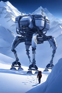 a sleek mechanical walker with eight legs scaling a very steep snow covered side of mout everest at night, it has a smooth surface, it has storage pods on its belly and humans can fit in the pods