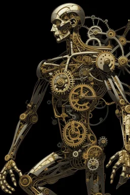 mechanical man punk cypher dancing detailed cogs and screws leonardo da vinci style detail STYLE OF Hiroshi Nagai