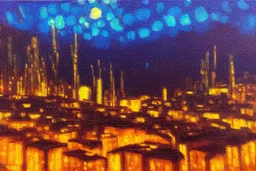 Night, cyberpunk buildings in the mountains, tendency to science fiction, impressionism painting