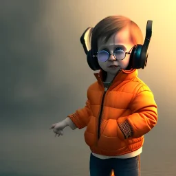 Harry Potter toddler, smile, cyberpunk headphone, sunglass, gangsta neckless, full body, orange puffer jacket, tokio background, dramatic lighting, hyper realistic, unreal engine 5, 16k