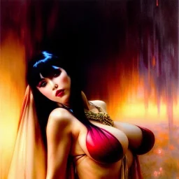 Drawing of beautiful face busty Vampirella,Sweet stare,wet balanciaga fashion clothe painting by gaston bussiere, greg rutkowski, yoji shinkawa, yoshitaka amano, tsutomu nihei, donato giancola, tim hildebrandt, oil on canvas, cinematic composition, extreme detail,fit full head inside picture,16k