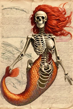 captivating anatomical illustration of a humanoid skeleton fused with a mermaid's tail, set against a vintage paper backdrop. The skeletal structure is intricately detailed, with exposed muscles and tendons, while the mermaid's tail is brilliantly colored in reds and oranges. Handwritten notes and sketches in an old-world script adorn the paper, hi