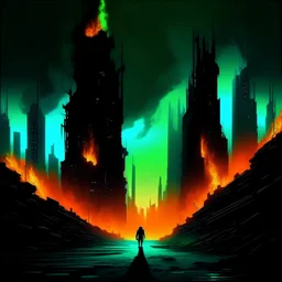 4K, 8K, 3D, black, blue, green, dark psychological scene silhouette of a city on fire, Exquisite detail-logotype, very detailed elegant style, 3-Dimensional, hyper realistic, extremely detailed, hyper realistic, 3d render, photo, dark psychological scene silhouette of a city on fire