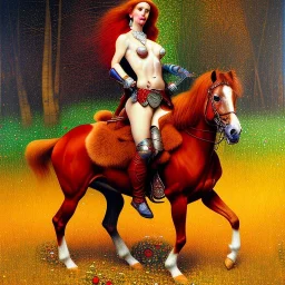 Retrato al oleo de cuerpo entero de Red Sonja bella a caballo al estilo de Gustav Klimt