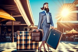 bearded man in elegant suit with checkered skirt on high heels standing next to a restaurant holding a laptop case in sunshine