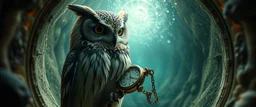 close up of owl abraxas in the fish eye web, interdimensional portal, with a pocket watch with a chain in its claw