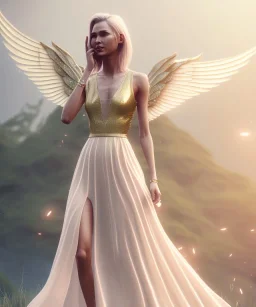 subtle queen, atmospheric, realistic, unreal engine, cinematic lighting, octane render, transparent long dress, blonde, full body, bright wings, smile, long hair