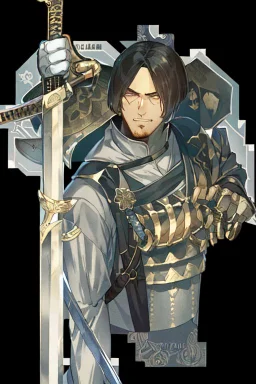 A handsome 30 year old knight, black hair, male bob haircut, in black-and-gold plate armor, golden katana in both hands, no beard, european, proper arms