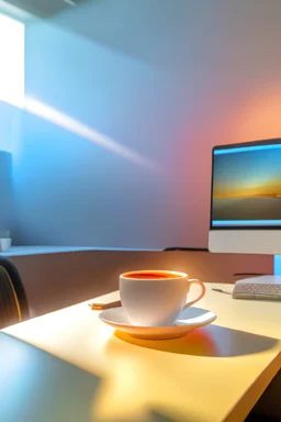 a cup of steaming hot coffee in a white office with a desk full of paper in the background