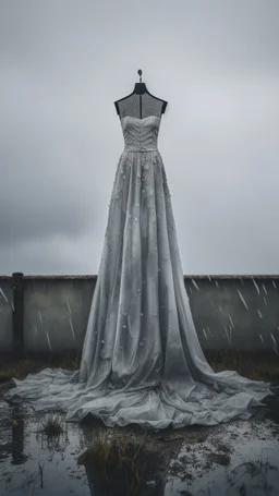 A wet washed wedding dress hanging on a rob in a stormy foggy sky in the background