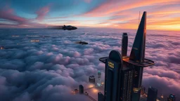 A city floating above the earth, high up in the clouds, sleek, futuristic skyscrapers pierce the sky, floating pathways connect the buildings, flying cars move through the air. The clouds below shift and change colour reflecting the vibrant city lights. Award-winning photograph, beautiful composition, very detailed, 80mm focal length, rule of thirds.